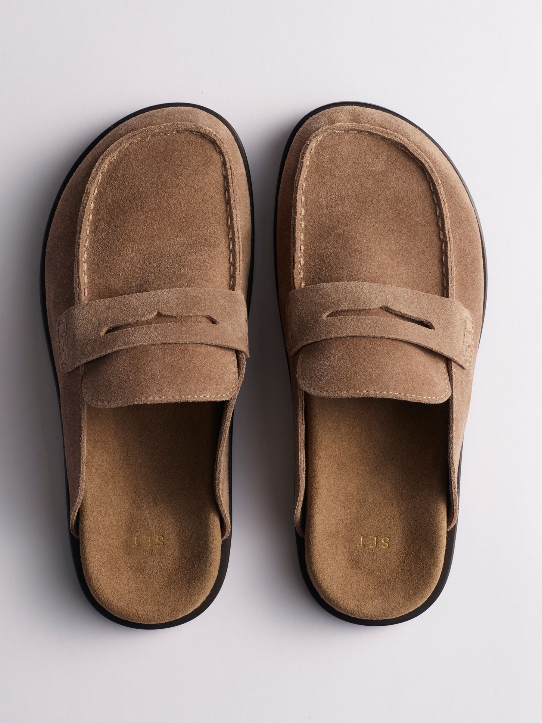 Buy The Set Premium Comfort Suede Backless Footbed Loafers Taupe