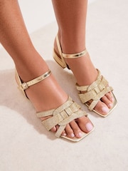 Aur - Friends Like These Faux Leather Diamante Hotfix Low Block Heeled Occasion Sandals - Imaginea 1 din 5