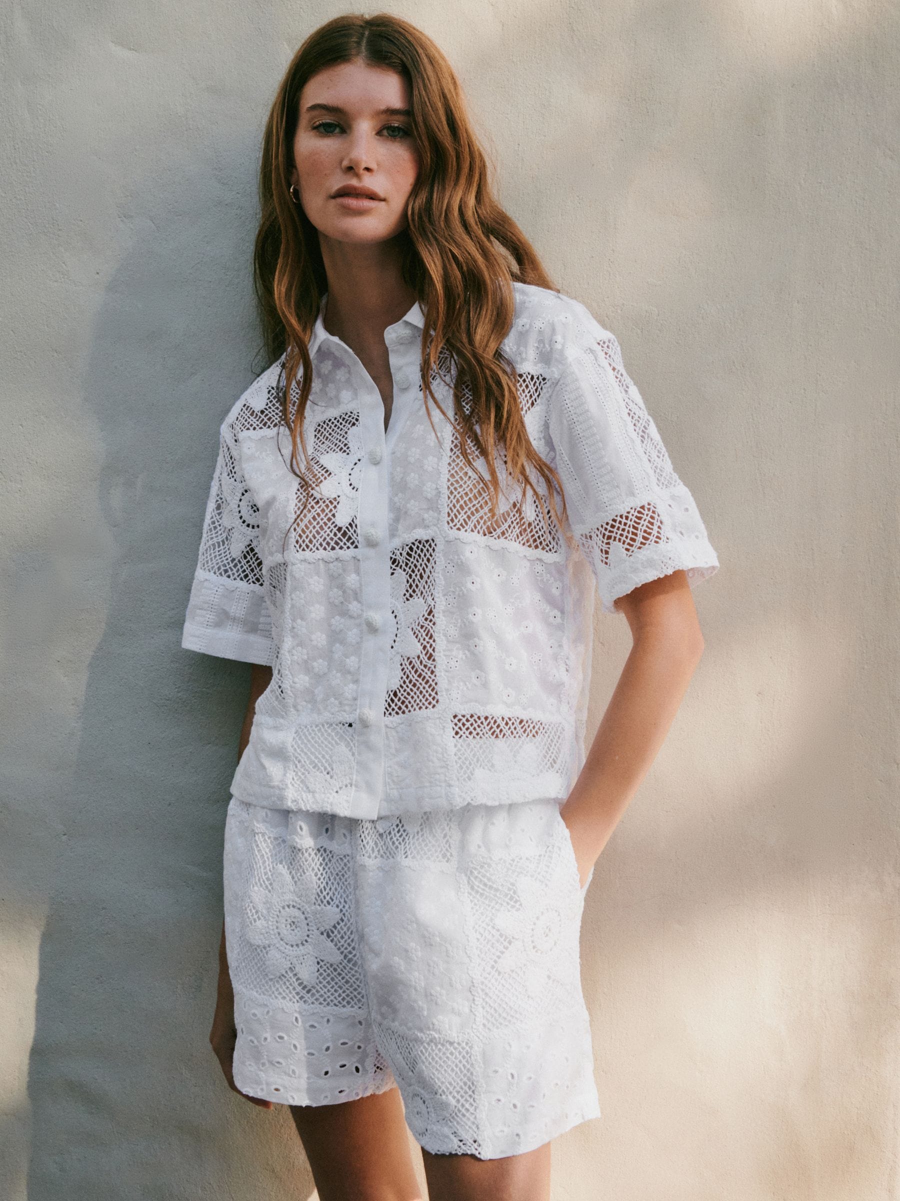 Buy White N. Premium Crochet Patchwork Short Sleeve Shirt from
