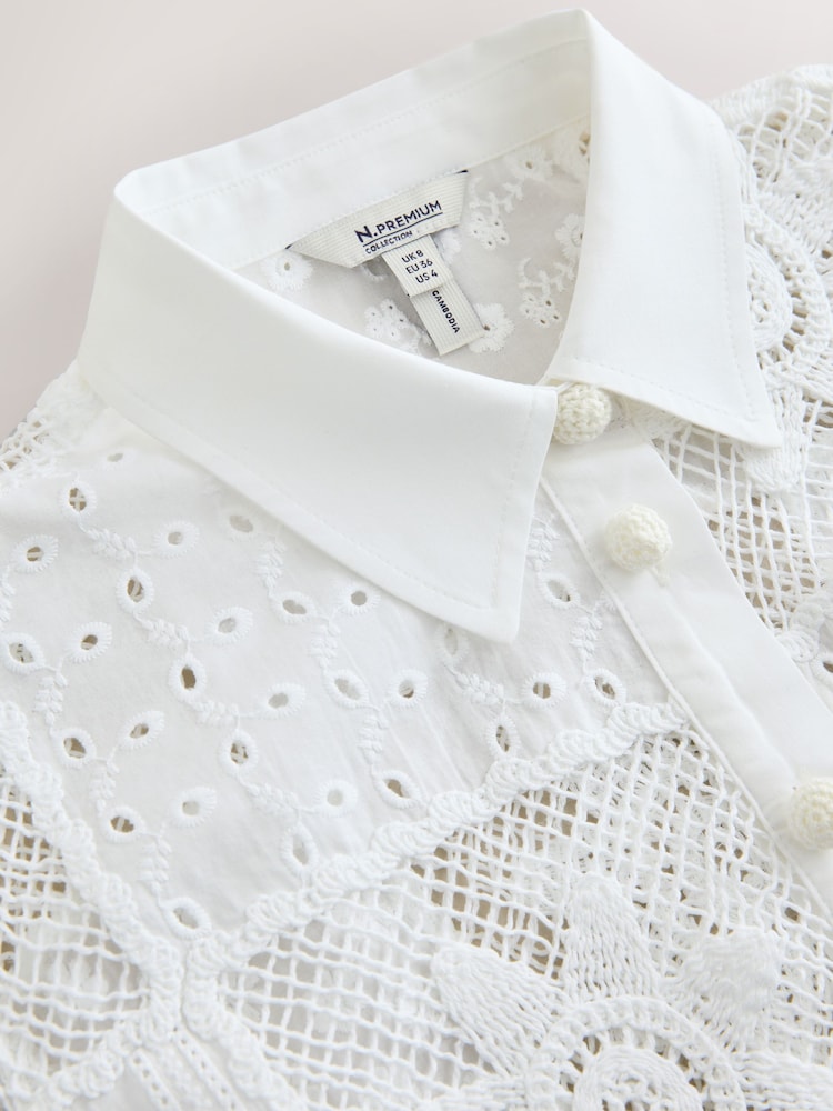 Alb - N. Premium Crochet Patchwork Short Sleeve Shirt - Imaginea 3 din 3 Alb - N. Premium Crochet Patchwork Short Sleeve Shirt - Imaginea 3 din 3