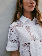 White N. Premium Crochet Patchwork Short Sleeve Shirt - Image 4 of 7