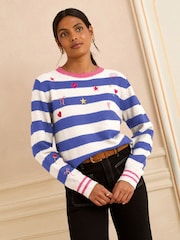 Love & Roses Blue And Ivory Stripe Embroidered Jumper - Image 1 of 4