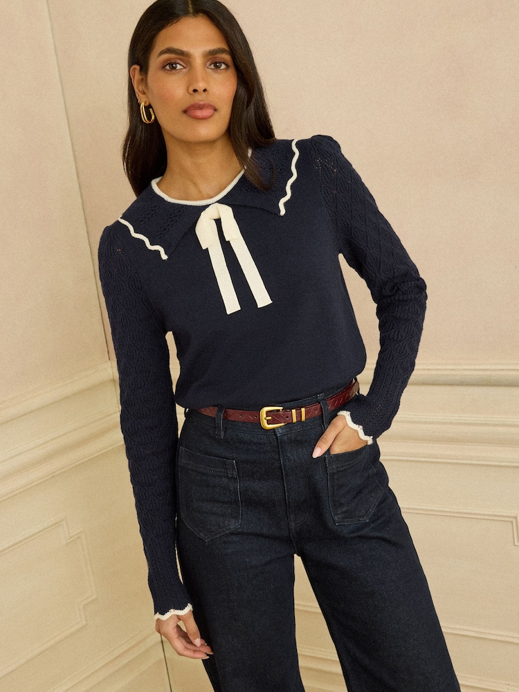Love & Roses Navy Petite Knitted Collar Jumper - Image 1 of 4