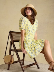 Joules Daphne Yellow Ditsy Short Sleeve Tiered Dress - Image 3 of 10