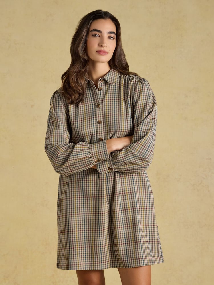 Joules Lyla Brown Check Short Shirt Dress - Image 1 of 8 Joules Lyla Brown Check Short Shirt Dress - Image 1 of 8