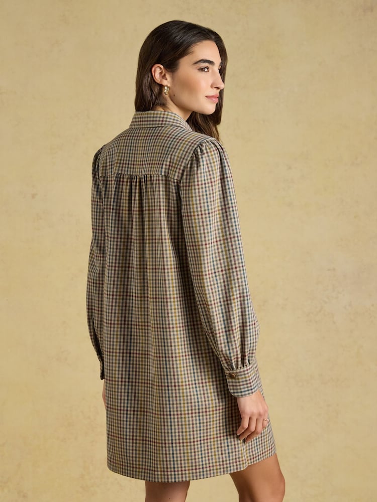 Joules Lyla Brown Check Short Shirt Dress - Image 2 of 8 Joules Lyla Brown Check Short Shirt Dress - Image 2 of 8