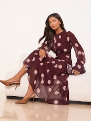 Lipsy Burgundy Red Long Sleeve Underbust Fit And Flare Midi Dress - Image 1 of 4