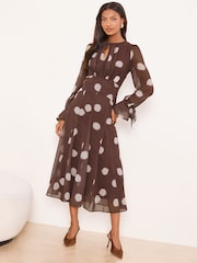 Lipsy Brown Long Sleeve Underbust Fit And Flare Midi Dress - Image 1 of 4