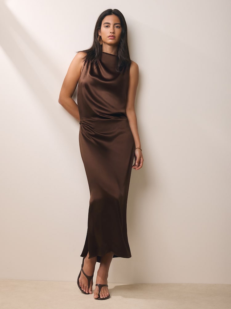 BHOEM Draped Satin Sleeveless Midi Brown Dress - Image 1 of 6 BHOEM Draped Satin Sleeveless Midi Brown Dress - Image 1 of 6
