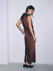 BHOEM Draped Satin Sleeveless Midi Brown Dress - Image 4 of 6
