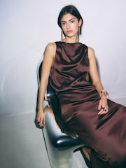 BHOEM Draped Satin Sleeveless Midi Brown Dress - Image 5 of 6