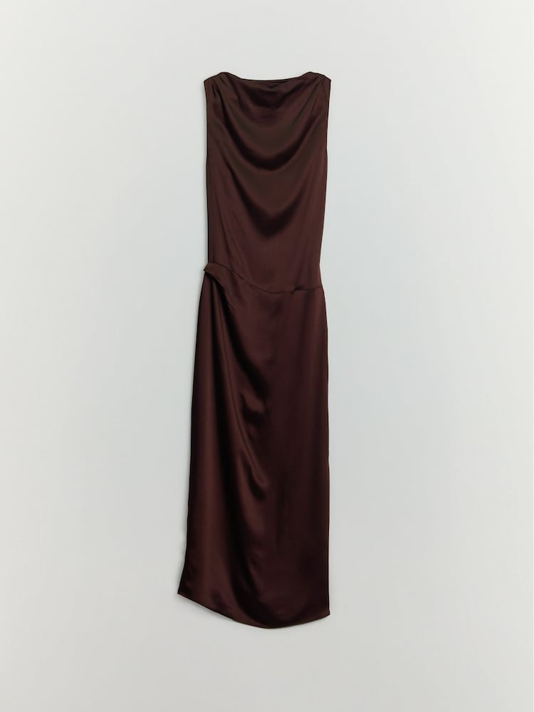 BHOEM Draped Satin Sleeveless Midi Brown Dress - Image 6 of 6 BHOEM Draped Satin Sleeveless Midi Brown Dress - Image 6 of 6