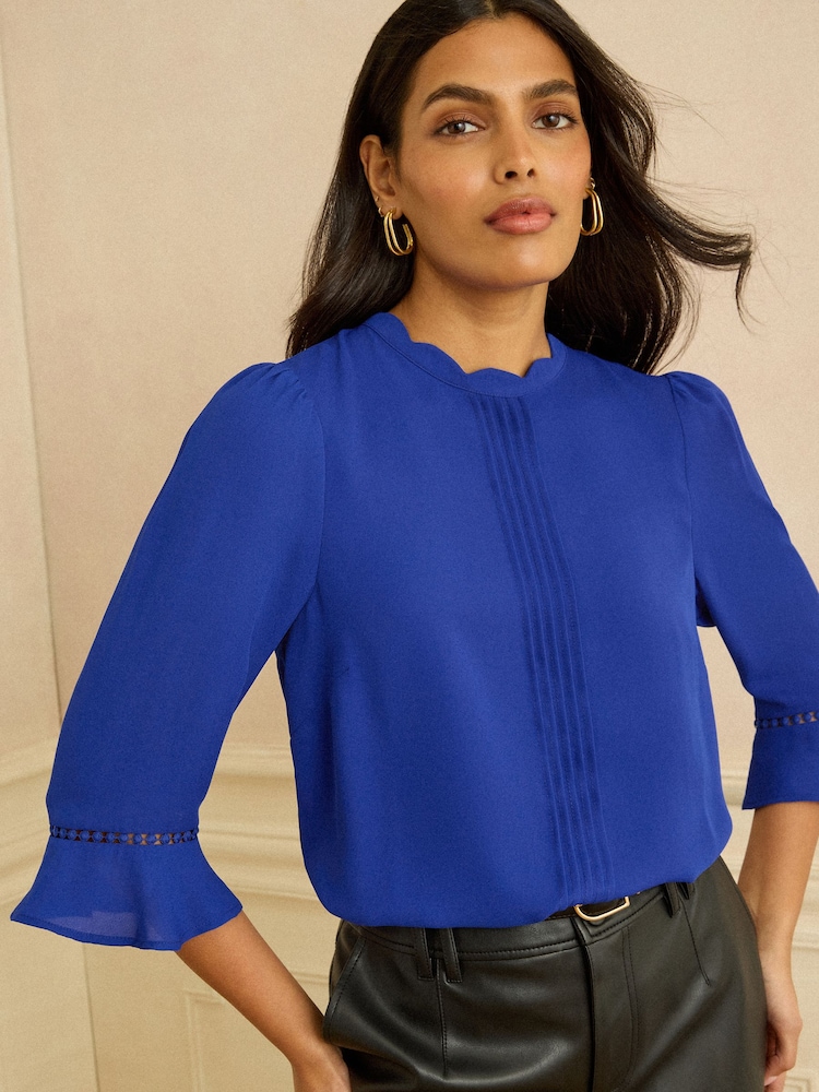 Love & Roses Cobalt Blue Petite 3/4 Flute Sleeve Blouse - Image 2 of 4