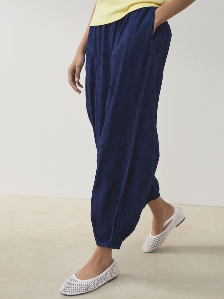 Navy Blue Broderie Balloon Leg Trousers - Image 2 of 7 Navy Blue Broderie Balloon Leg Trousers - Image 2 of 7
