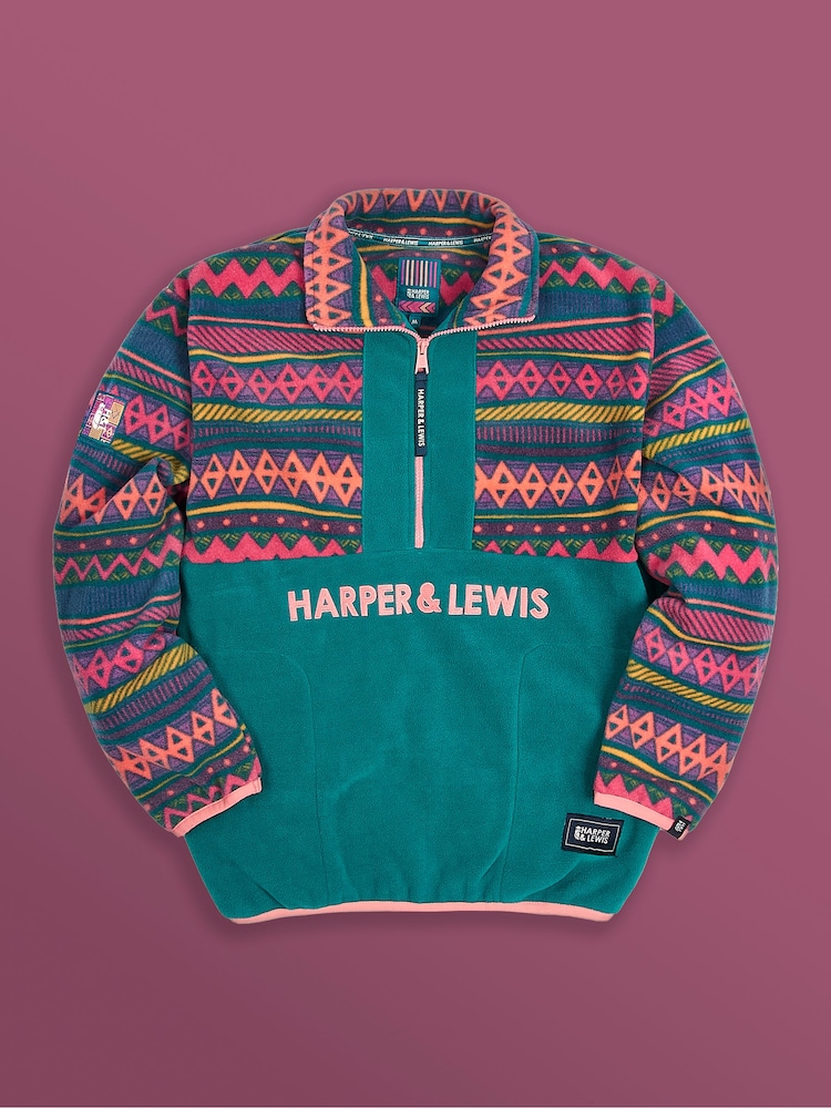 Harper & Lewis Green Bodie Retro Pattern 1/4 Zip Fleece - Image 1 of 2 Harper & Lewis Green Bodie Retro Pattern 1/4 Zip Fleece - Image 1 of 2