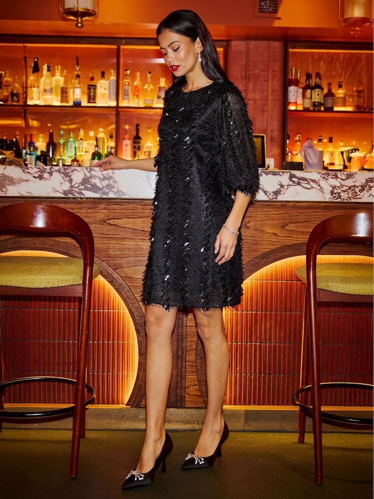 Yumi Black Hanging Sequin Tunic With Balloon Sleeves - Image 2 of 5 Yumi Black Hanging Sequin Tunic With Balloon Sleeves - Image 2 of 5