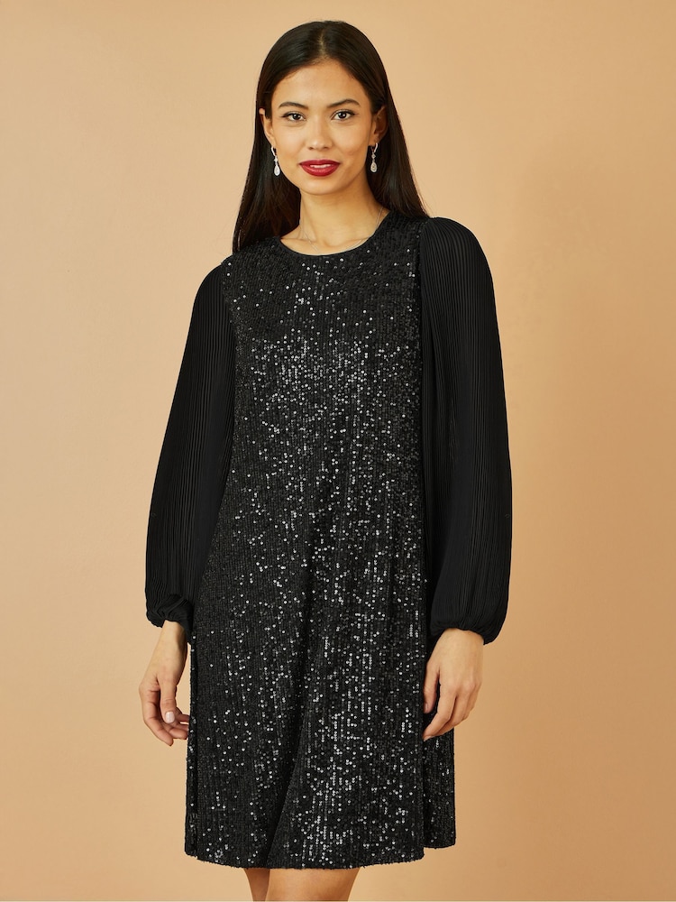 Yumi Black Velvet Sequin Tunic Dress With Long Pleated Sleeves - Image 1 of 5 Yumi Black Velvet Sequin Tunic Dress With Long Pleated Sleeves - Image 1 of 5