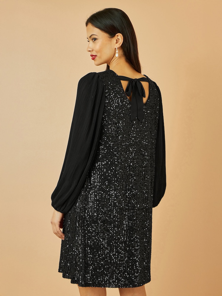 Yumi Black Velvet Sequin Tunic Dress With Long Pleated Sleeves - Image 2 of 5 Yumi Black Velvet Sequin Tunic Dress With Long Pleated Sleeves - Image 2 of 5
