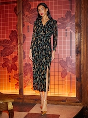 Yumi Black Metallic Sparkle Mesh Wrap Midi Dress - Image 1 of 5