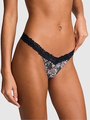 Victoria's Secret PINK Noir Navy Blue Floral Print Thong Cotton Heather Lace Trim Knickers - Image 1 of 2