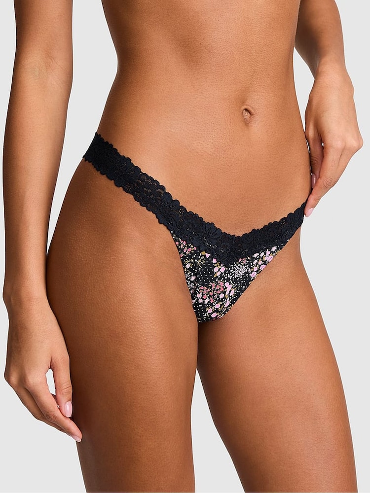 Victoria's Secret PINK Noir Navy Blue Floral Print Thong Cotton Heather Lace Trim Knickers - Image 1 of 2