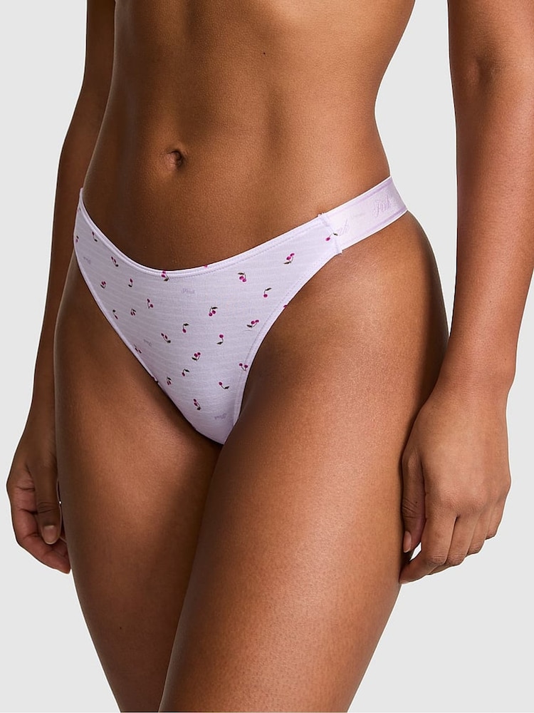Victoria's Secret PINK Purple Whisper Cherry Print Thong Cotton Logo Knickers - Image 1 of 2