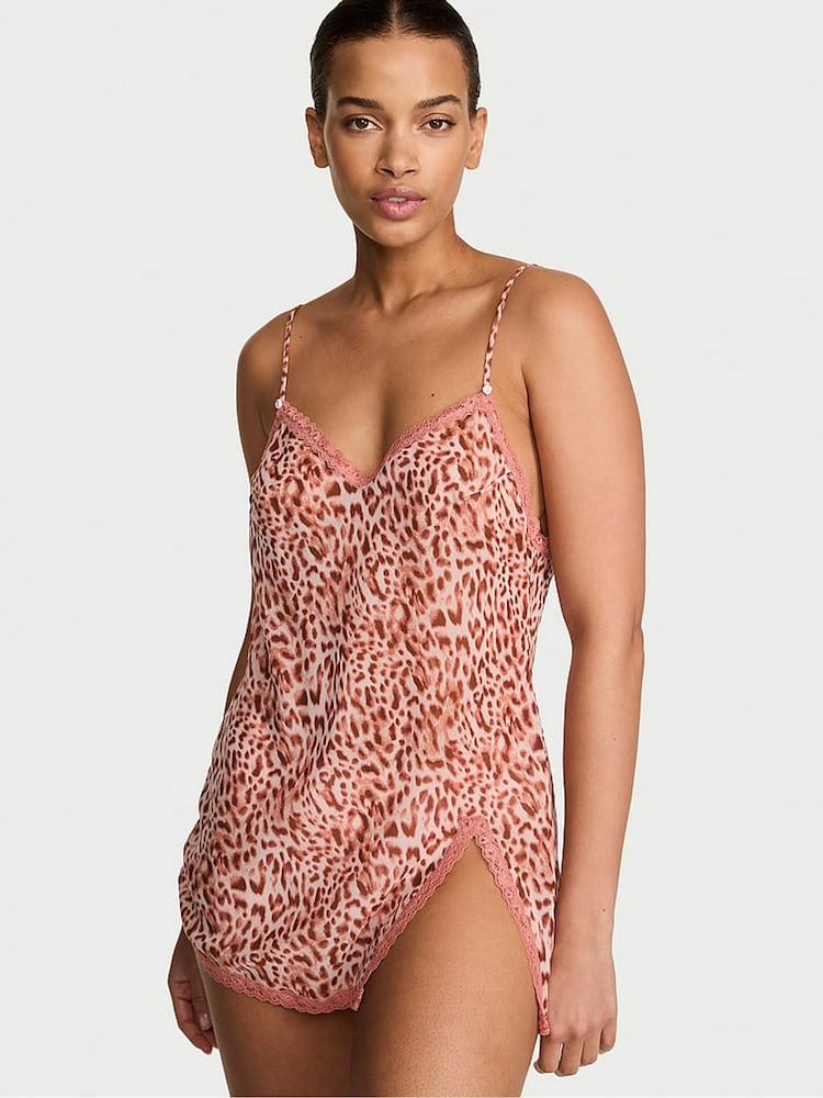 Victoria's Secret Leopard Brown Mini Chiffon Lace Trim Slip Dress - Image 1 of 2