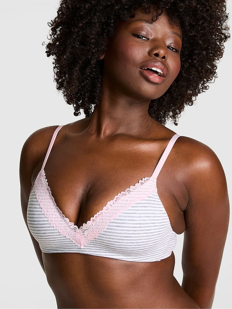 Victoria's Secret PINK Grey Stripe Print Non Wired Lightly Lined Cotton Heather Lace Trim Bra - Image 1 of 2 Victoria's Secret PINK Grey Stripe Print Non Wired Lightly Lined Cotton Heather Lace Trim Bra - Image 1 of 2