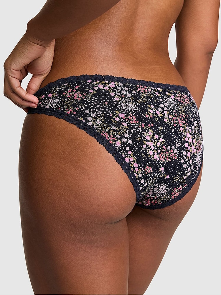 Victoria's Secret PINK Noir Navy Blue Floral Print Cheeky Cotton Heather Lace Trim Knickers - Image 2 of 2