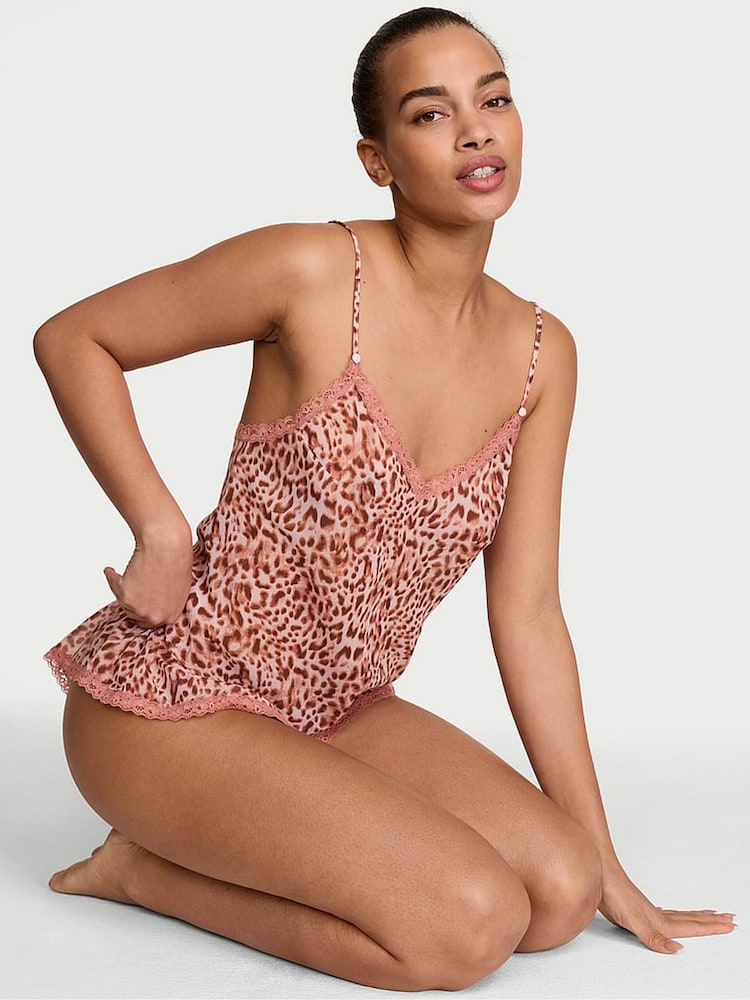 Victoria's Secret Leopard Brown Chiffon Lace Trim Cami Flutter Shorts Set - Image 1 of 2 Victoria's Secret Leopard Brown Chiffon Lace Trim Cami Flutter Shorts Set - Image 1 of 2