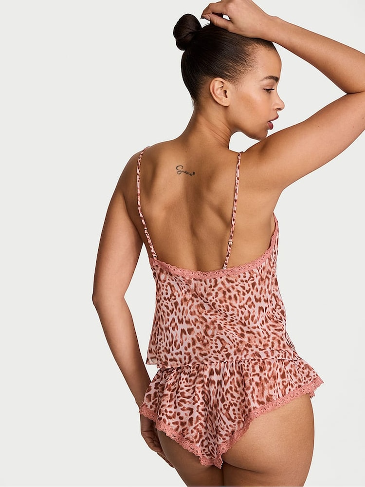 Victoria's Secret Leopard Brown Chiffon Lace Trim Cami Flutter Shorts Set - Image 2 of 2 Victoria's Secret Leopard Brown Chiffon Lace Trim Cami Flutter Shorts Set - Image 2 of 2