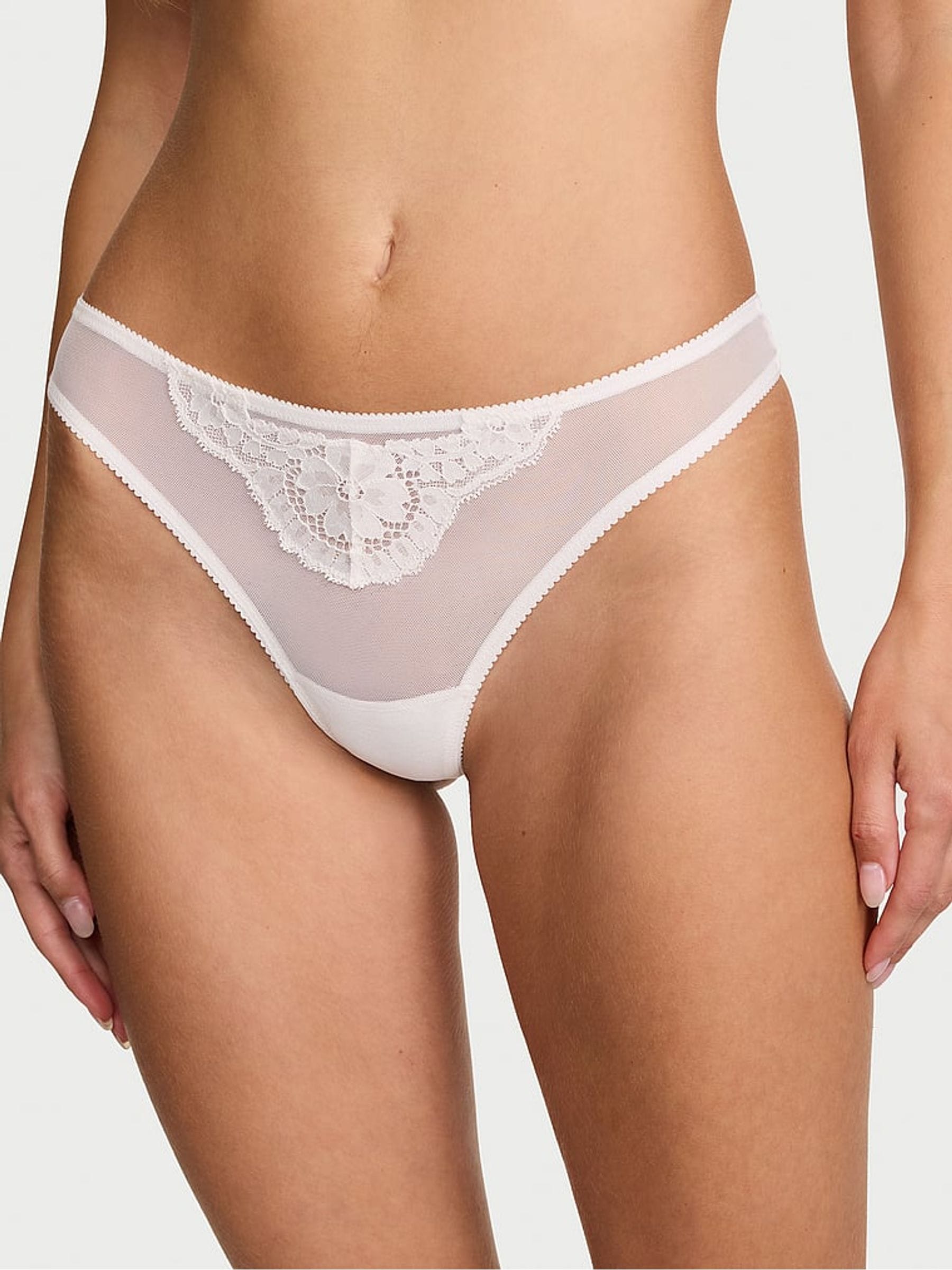 Victoria's Secret Coconut White Thong Mesh Lace Trim Bow Knickers