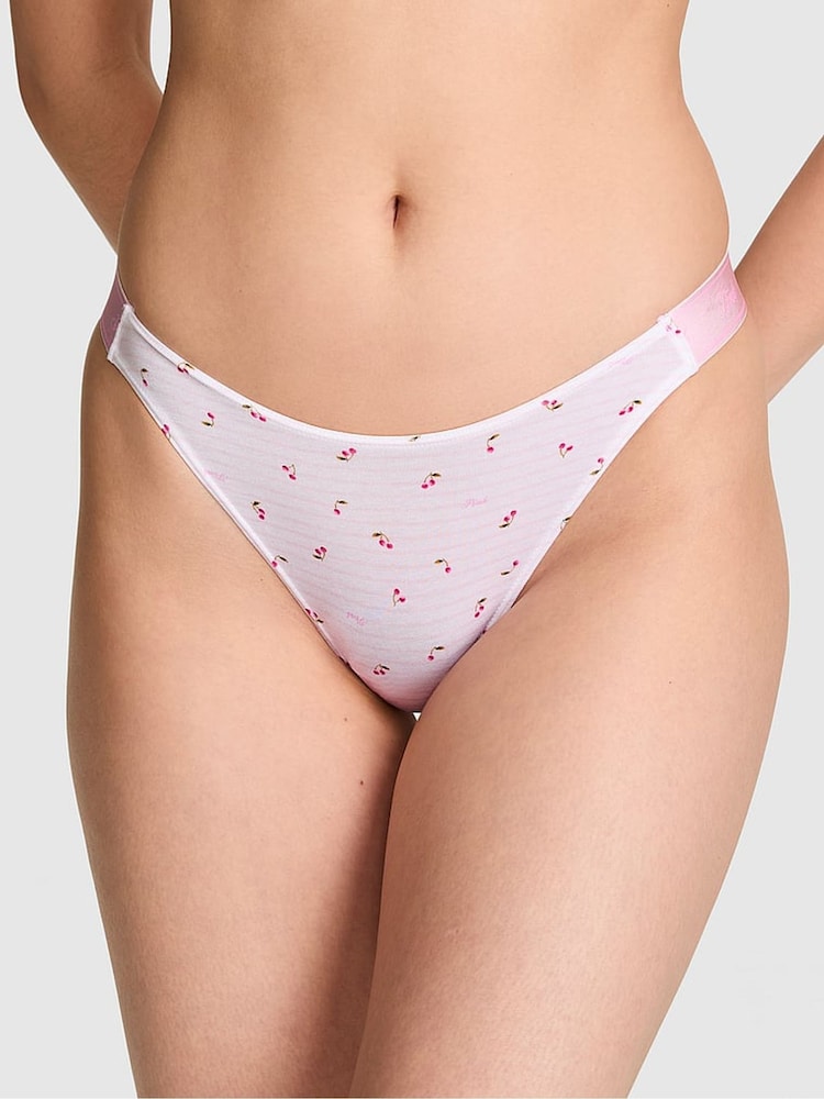 Victoria's Secret PINK Pink Tulip Cherry Print Thong Cotton Logo Knickers - Image 1 of 2