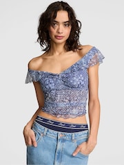 Victoria's Secret Pink Dusty Iris Blue Floral Print Off The Shoulder Top - Image 1 of 2