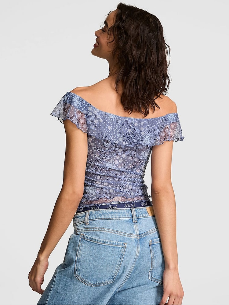 Victoria's Secret Pink Dusty Iris Blue Floral Print Off The Shoulder Top - Image 2 of 2 Victoria's Secret Pink Dusty Iris Blue Floral Print Off The Shoulder Top - Image 2 of 2