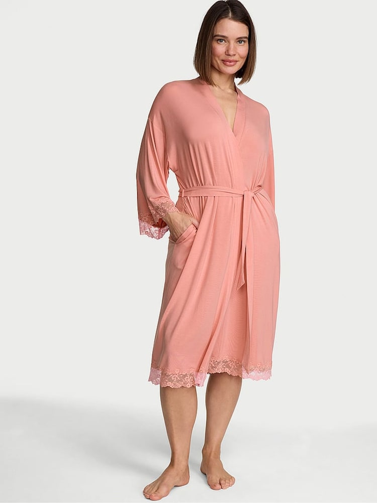 Victoria's Secret Blush Pink Modal Lace Trim Robe - Image 1 of 2