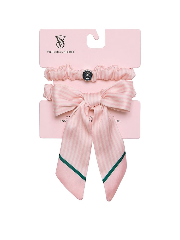 Victoria's Secret Pink Iconic Stripe 2 Pack Bow Satin Scrunchie Set - Image 1 of 2