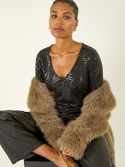 Roman Black Shimmer Wrap Stretch Blouse - Image 1 of 5