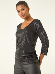 Roman Black Shimmer Wrap Stretch Blouse - Image 4 of 5