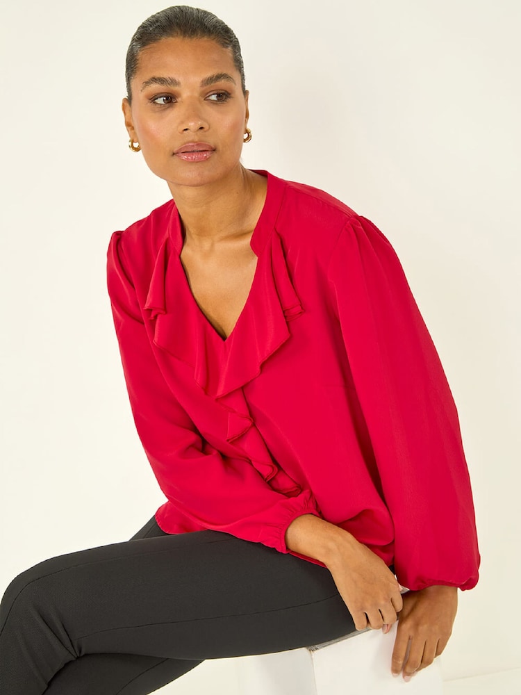 Roman Red Plain Ruffle Neck Blouse - Image 1 of 5 Roman Red Plain Ruffle Neck Blouse - Image 1 of 5