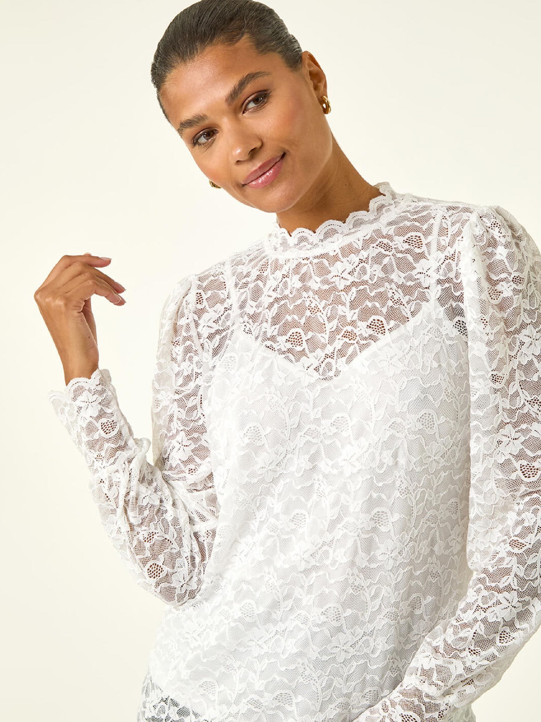Buy Roman White Lace Frill High Neck Stretch Shirt from the Next
