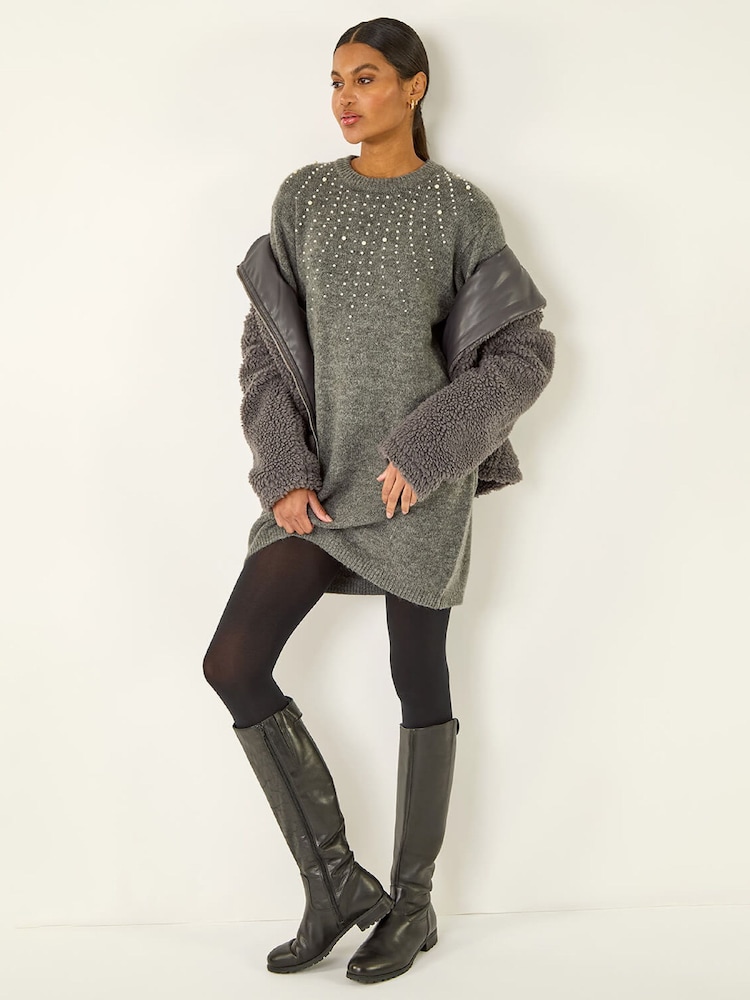 Roman Grey Faux Pearl Knit Dress - Image 1 of 5 Roman Grey Faux Pearl Knit Dress - Image 1 of 5