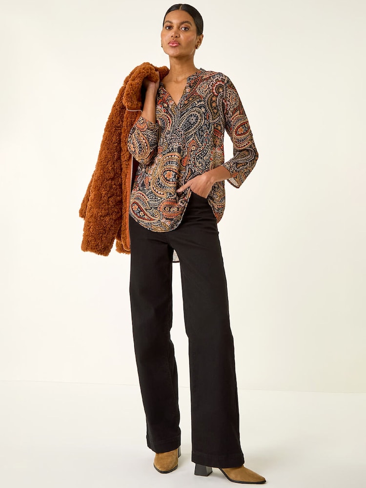 Roman Orange Paisley Print V-Neck Chiffon Blouse - Image 1 of 5 Roman Orange Paisley Print V-Neck Chiffon Blouse - Image 1 of 5