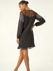 Roman Black Illusion Mesh Neck Sequin Dress - Image 3 of 5