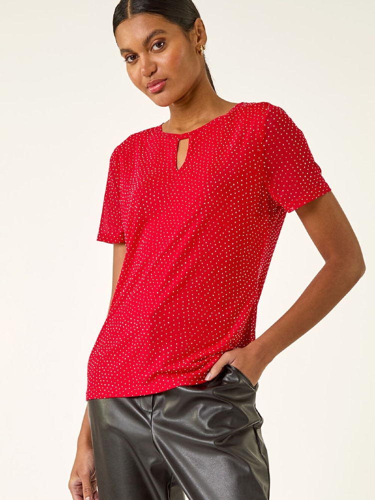 Roman Red Hotfix Keyhole Stretch Blouse - Image 1 of 5 Roman Red Hotfix Keyhole Stretch Blouse - Image 1 of 5