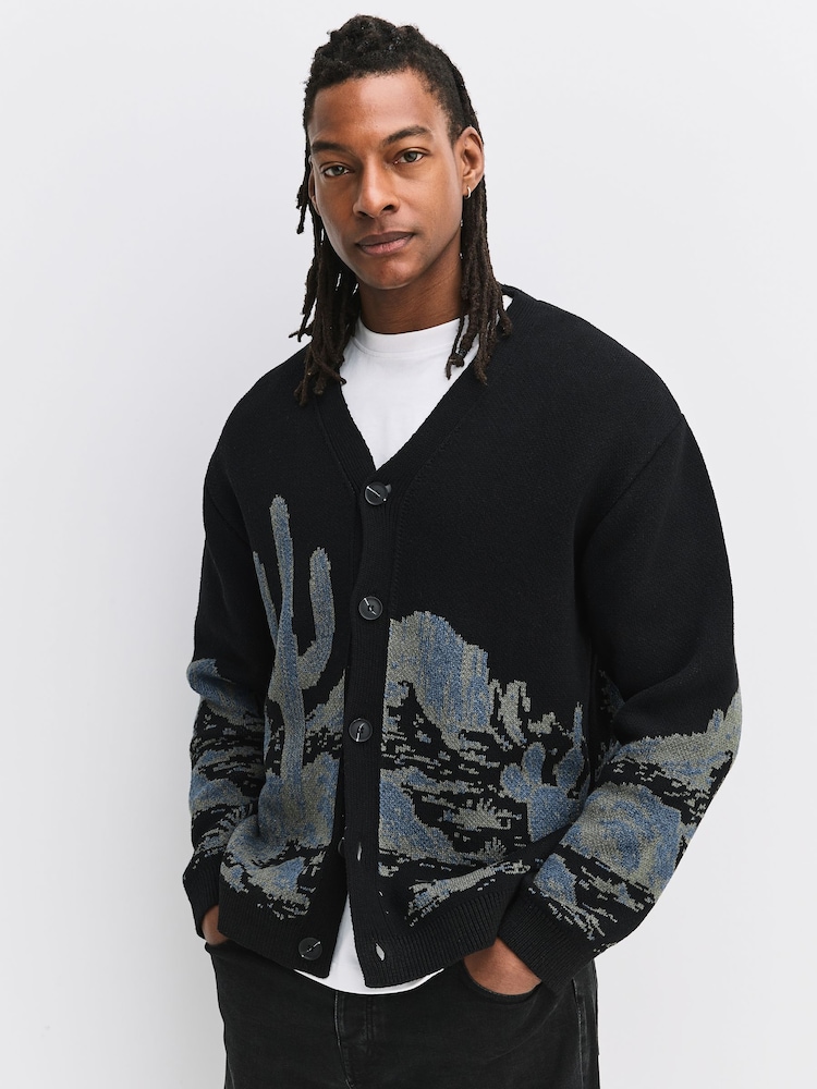 Bleumarin albastru - Relaxed Fit Knitted Cactus Scene Cardigan - Imaginea 1 din 7