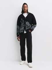 Bleumarin albastru - Relaxed Fit Knitted Cactus Scene Cardigan - Imaginea 3 din 7