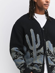 Bleumarin albastru - Relaxed Fit Knitted Cactus Scene Cardigan - Imaginea 4 din 7