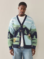 Multi Blue/Green Cotton Blend Hamish Landscape Scene Cardigan - Image 1 of 8
