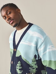 Multi Blue/Green Cotton Blend Hamish Landscape Scene Cardigan - Image 4 of 8